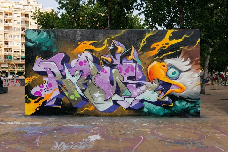 Graffiti wall made by graffiti writer Brus and tatto artist Victor Chil