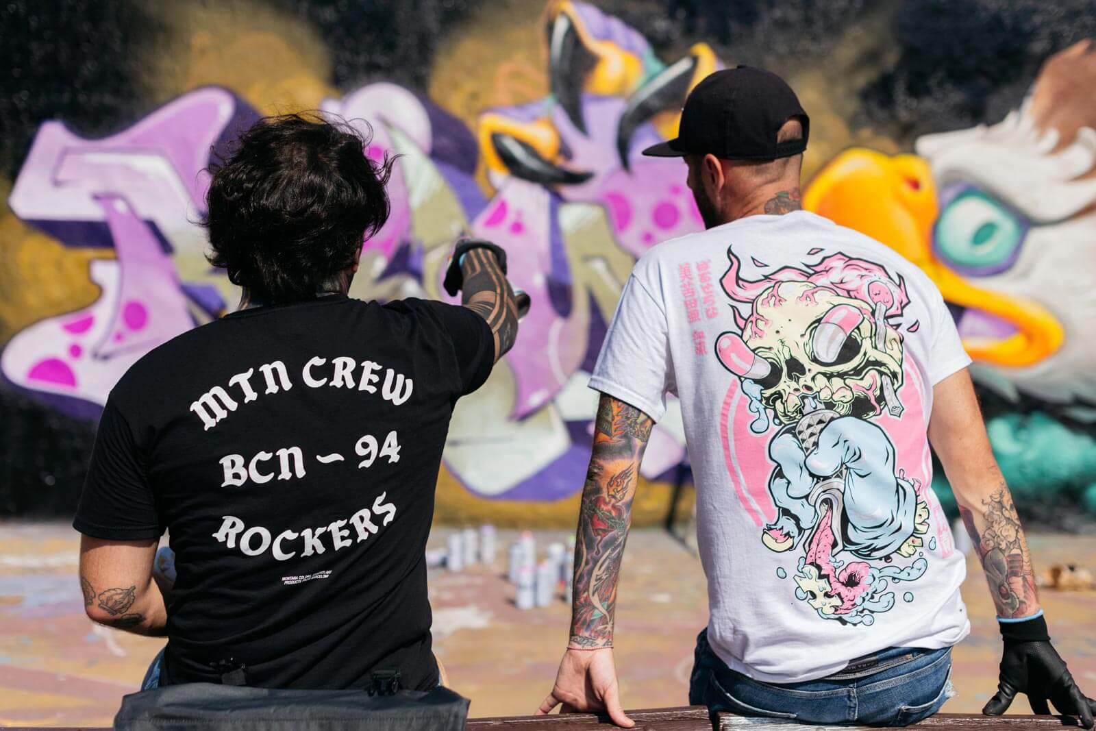 Barcelona tattoo artist Victor Chil &amp; Roma graffiti writer Brus work together in a wall production.