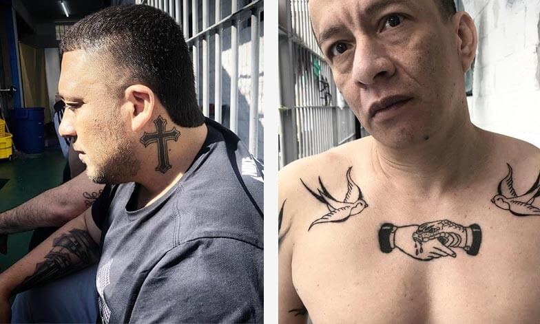 Tattoos by Inocent Kidd made in La Picota, Bogota's prison. Cross & swallows with hand and snake.